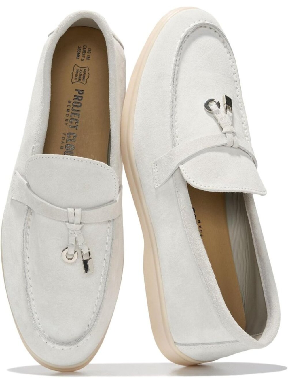 Women's Light Grey Suede 100% Genuine Leather Slip On Casual Flat Loafers Shoes